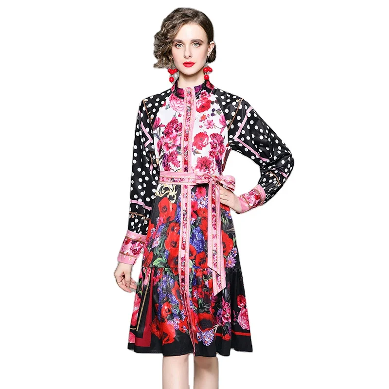 MAB8651070 European and American fashion polka dot flower retro stand collar print dress with belt