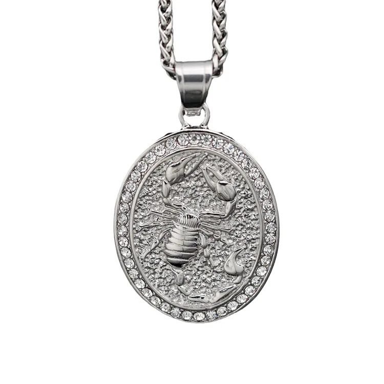 Custom Wholesale Mens Stainless Steel Fine Jewelry Scorpion Pattern Cubic Zirconia Pendant Hip Hop Necklace