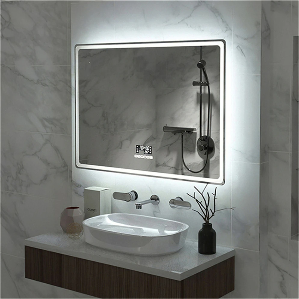 Luxury Custom Logo House Touch Switch Mirrored Large Wall Clock Led Bathroom Mirror Cabinets Washing
