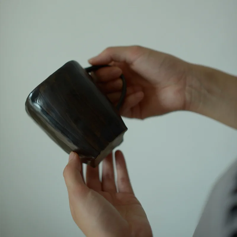 Handmade rough Pottery Mug creative square 300ml milk cup custom ceramic coffee cup  with handle