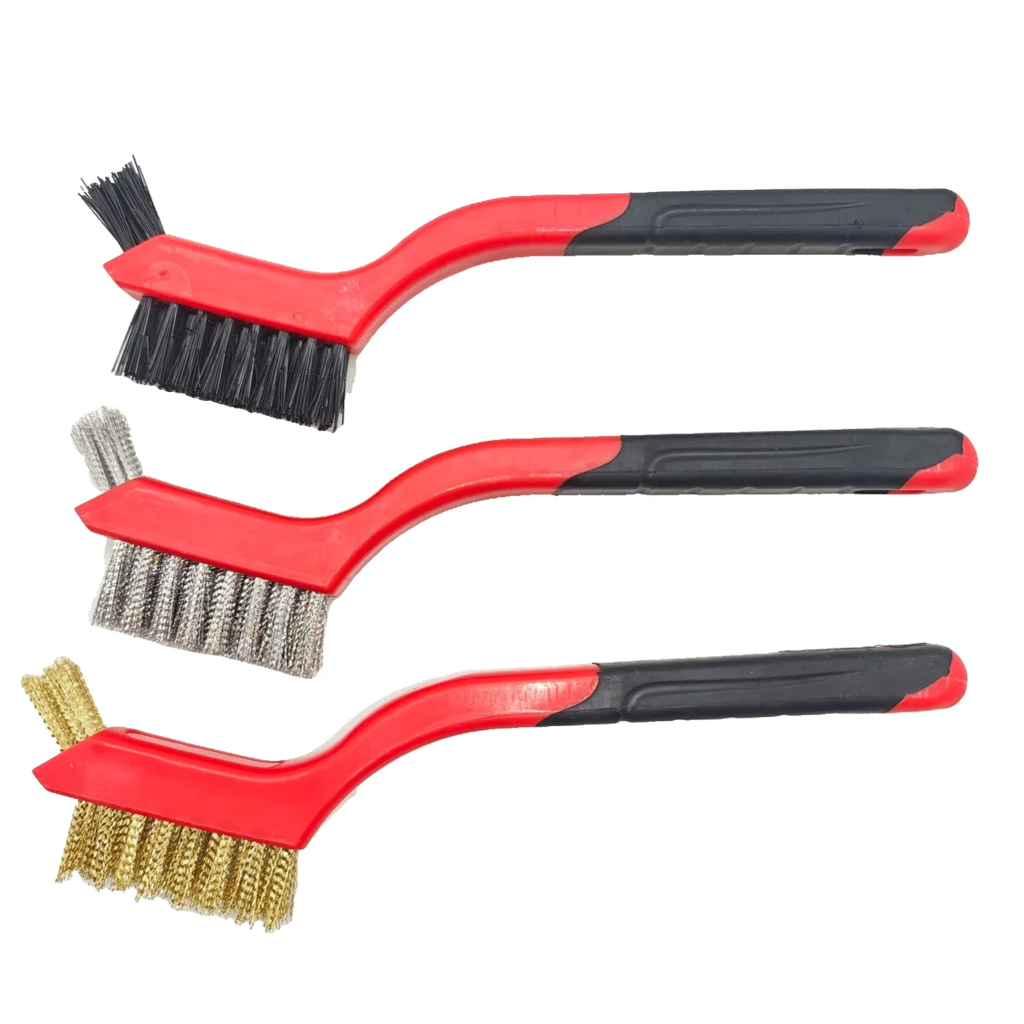 Factory Supply Small Nylon Brass Stainless Steel Bristles Curved Handle Soft Grip 3-pack Mini Wire Brush Set