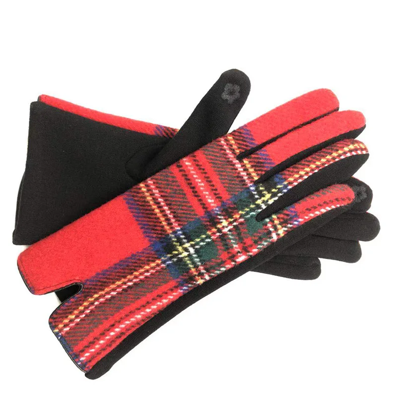 Women Winter Gloves Touch Screen Thick Warm Adult Hand Outdoor Mittens Plaid Gloves
