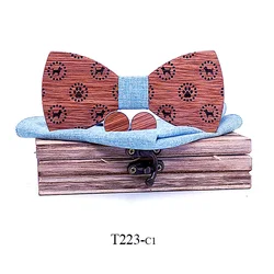 Wooden Dog Engraving Bow Tie Men High Quality Wooden Bow Ties Classic Business Butterfly Solid Wood Cufflinks Hanky Sets