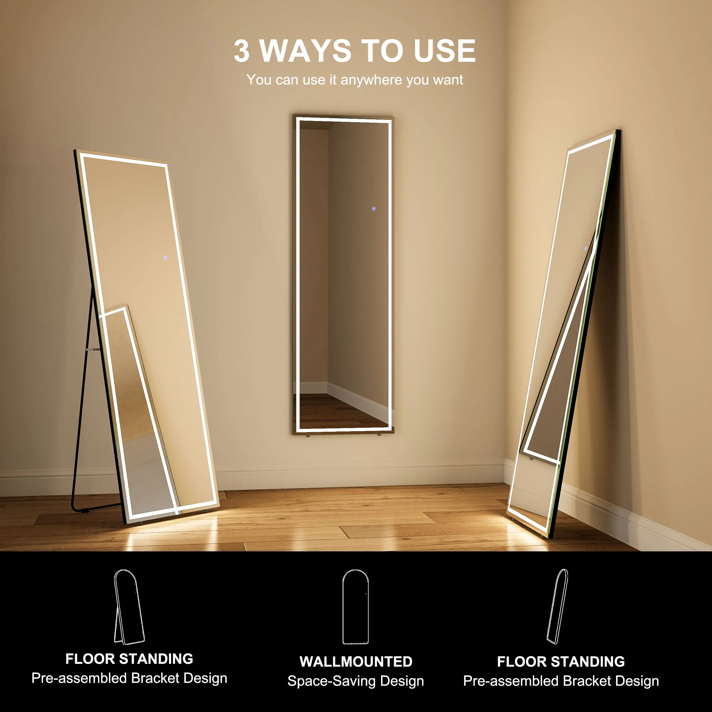 Rectangular Large Size Salon Body Dressing Full Length With Led Light Standing Bedroom Living Room Floor Mirror