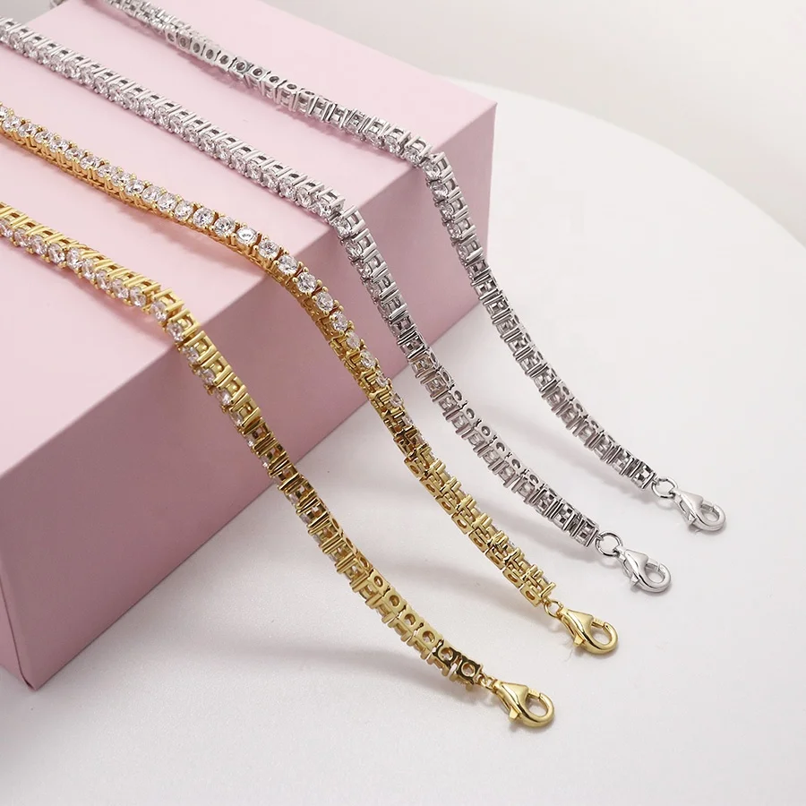 Wholesale Custom 3mm 925 Sterling Silver 18K Gold Plated Hip Hop Jewelry Bling Iced Out 5A CZ Diamond Tennis Necklace Chain