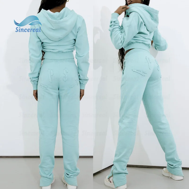 Custom Cropped Zipper Acid Washed Women Tracksuit Clothing Embroidery Patch Hoodie Sweatpants Distressed Sweatsuit 2 piece Set