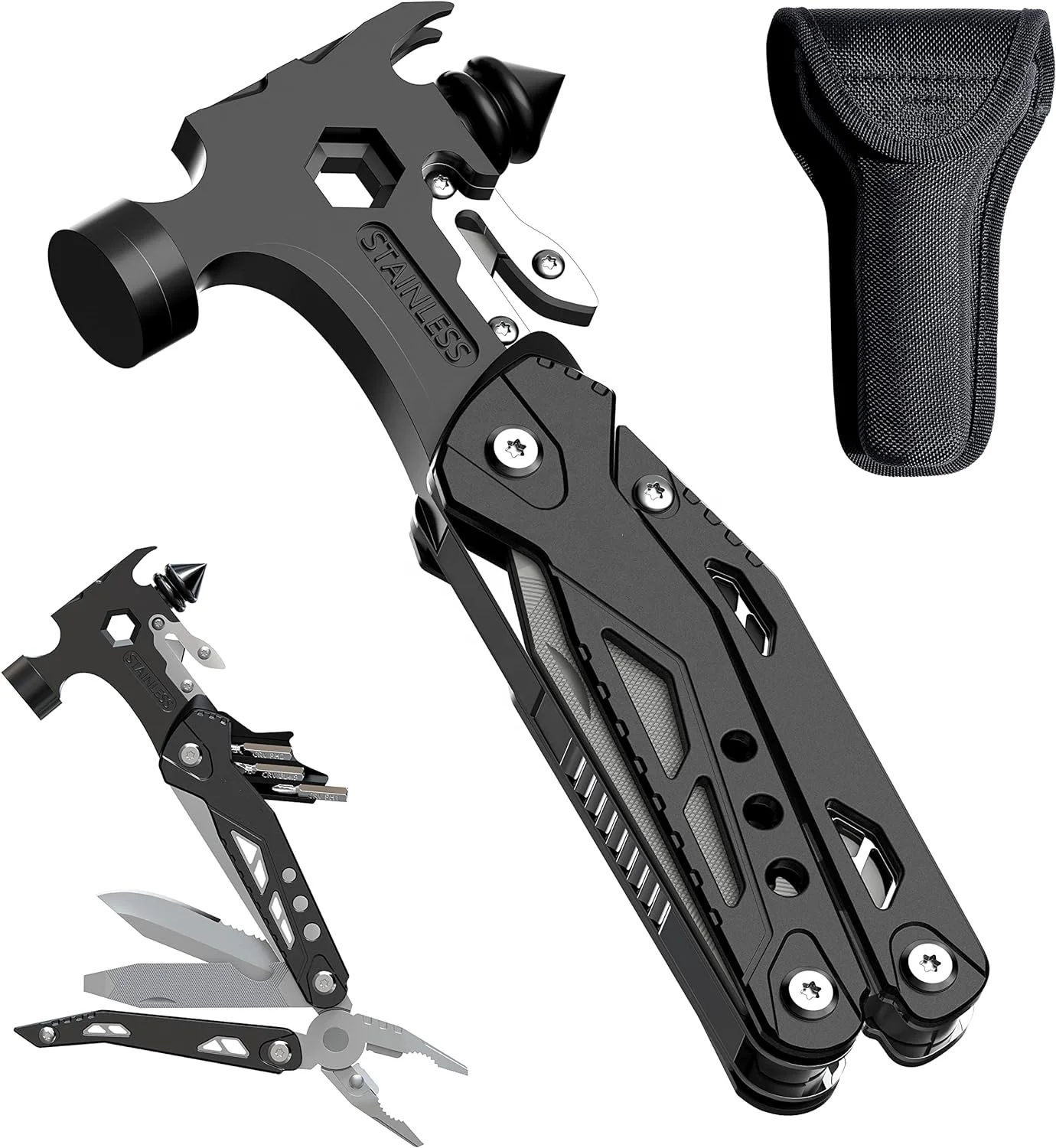 16-in-1 Portable Hammer Multi Tool Hiking Folding Blades Screwdrivers Pliers Hunting EDC Cool Gadget for Daily Home Use