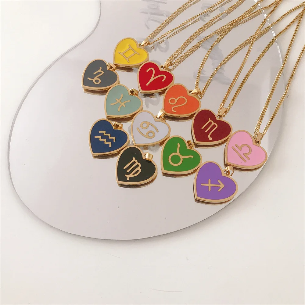Trendy Fashion Colorful Enamel Zodiac Symbol 12 Constell Pendant Stainless Steel Necklace