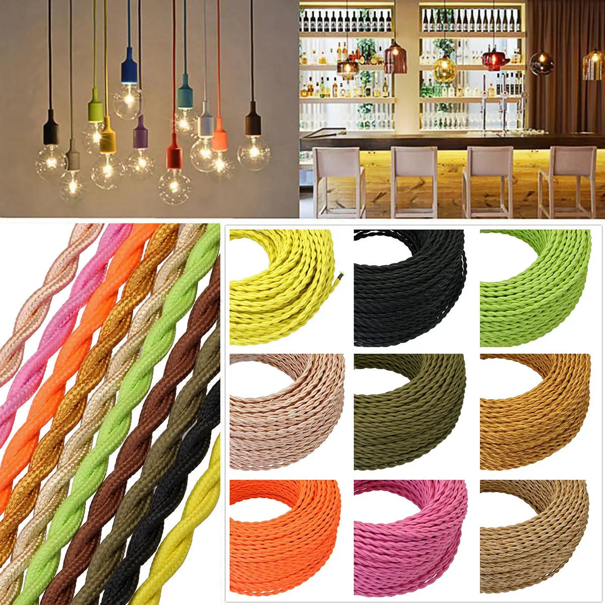 2*0.75 Electrical Cord Twisted Textile Cord Cotton Cloth Covered Electrical Antique Wire Cable  For Vintage Pendant Light