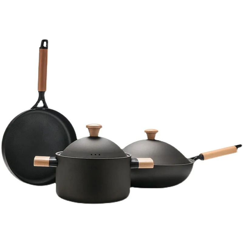 Cast Iron Skillet Electric Cast Iron Skillet,Non-stick Induction Cooker Black Pan/soup Pot Set Wok Suit,3pcs Cookware Set