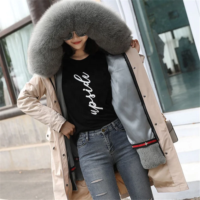 High Quality Women Temperament Trendy Winter Warm Long Mink Real Fur Collar Hooded Coat