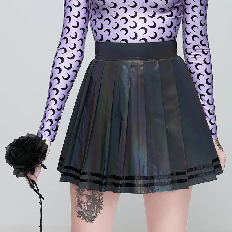 Free shipping  Stylish women reflective pleated skirt  polyester sexy fashion micro A line young girls hot mini skirt