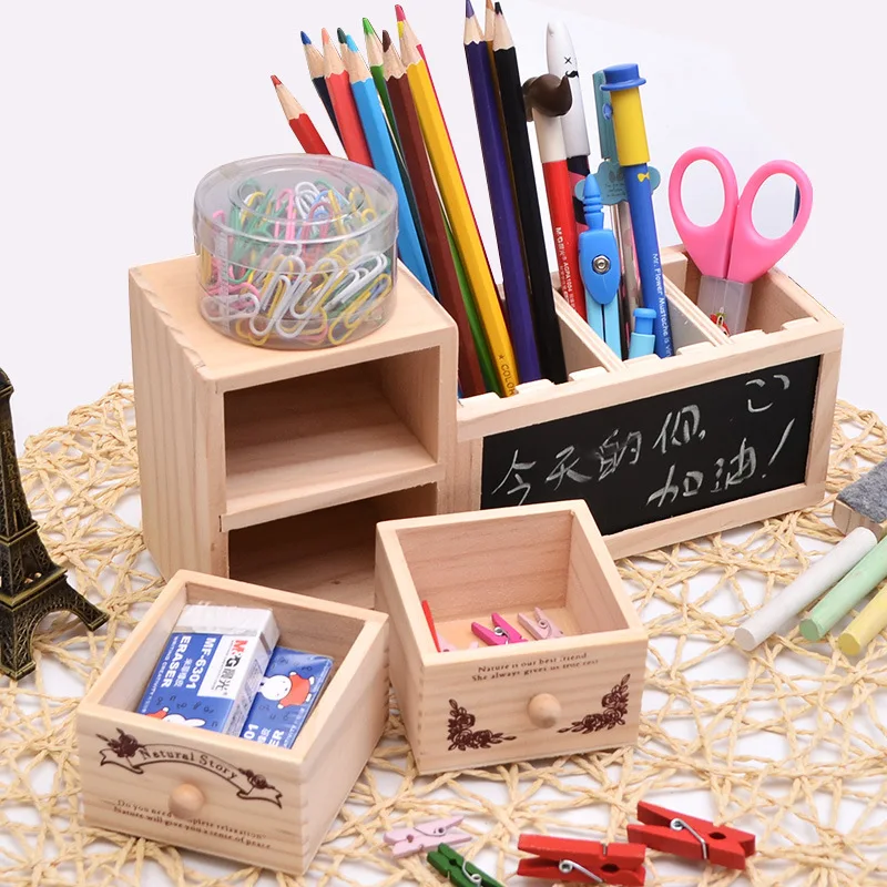 Hot Sale Desk Tidy Organizer Pen Pot Creative Office Accessories Cute Desktop Wooden Pen Pencil Holder with Blackboard