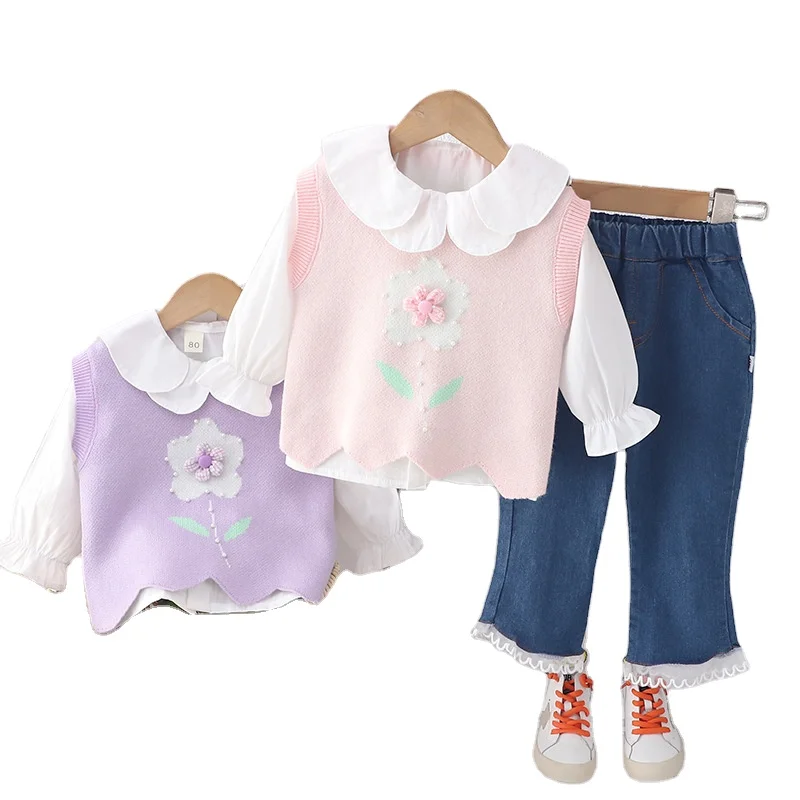 2014 Spring/Autumn New Fashion Pearl Flower Sweater Tank Top Three Piece Set for Girls
