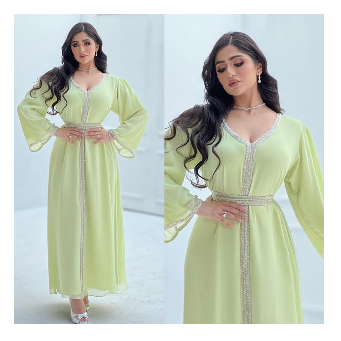 BOBOYU 2022 luxury diamond beaded chiffon dress elegant long sleeve maxi dress with belt women loose party muslim evening dress
