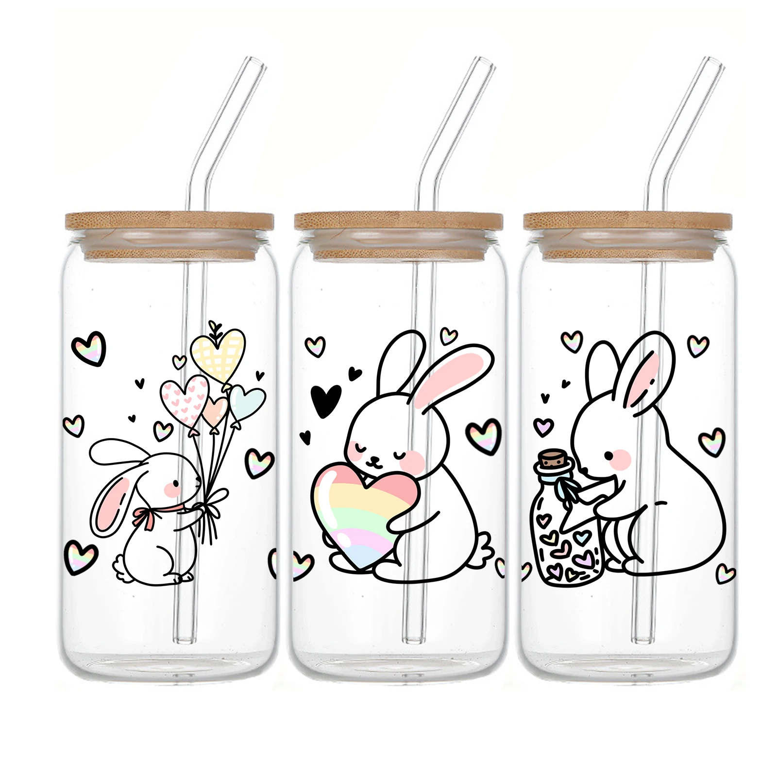 1pc Glass Can Coffee Cup With Lid And Straw 16oz Clear Glass Love Rabbits Iced Coffee Mug For Animal Lovers Gift Soda Can Glass
