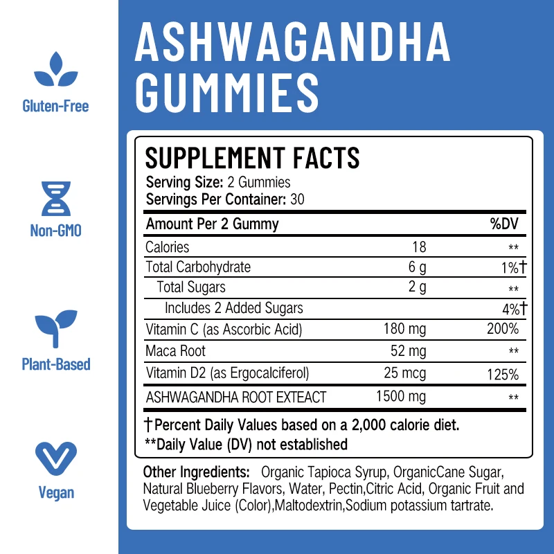 Ashwagandha Root Extract Gummies Antioxidant Vitamins Anxiety Relief Maca Root Vitamin D2 Vitamin C Dietary Supplement