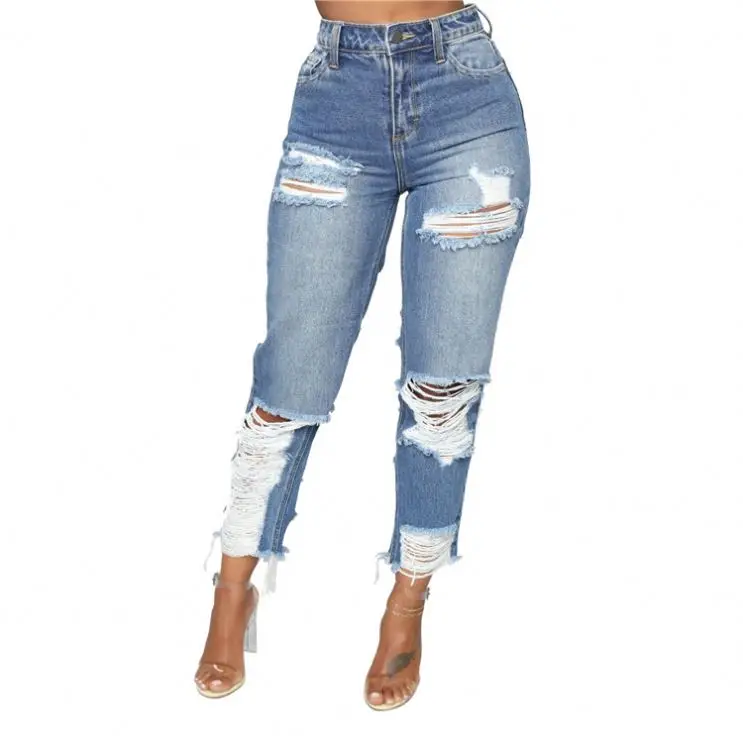 
1019M440 new all-match distressed ripped straight High Waist Pants Jeans Women 