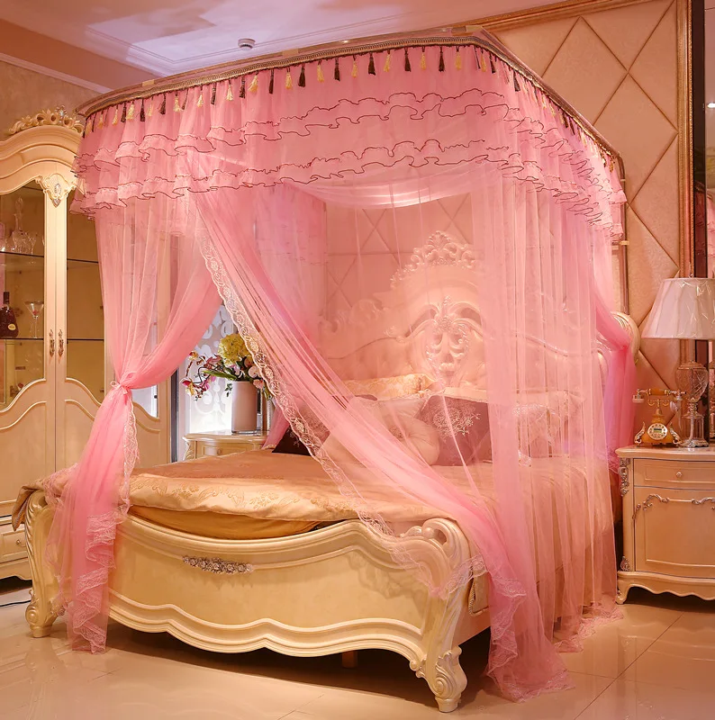 Embroidery Lace Pleated Luxury Mosquito Tent Mesh Square Romantic Princess Queen Size Double Bed Net Canopy Mosquito Net for Bed