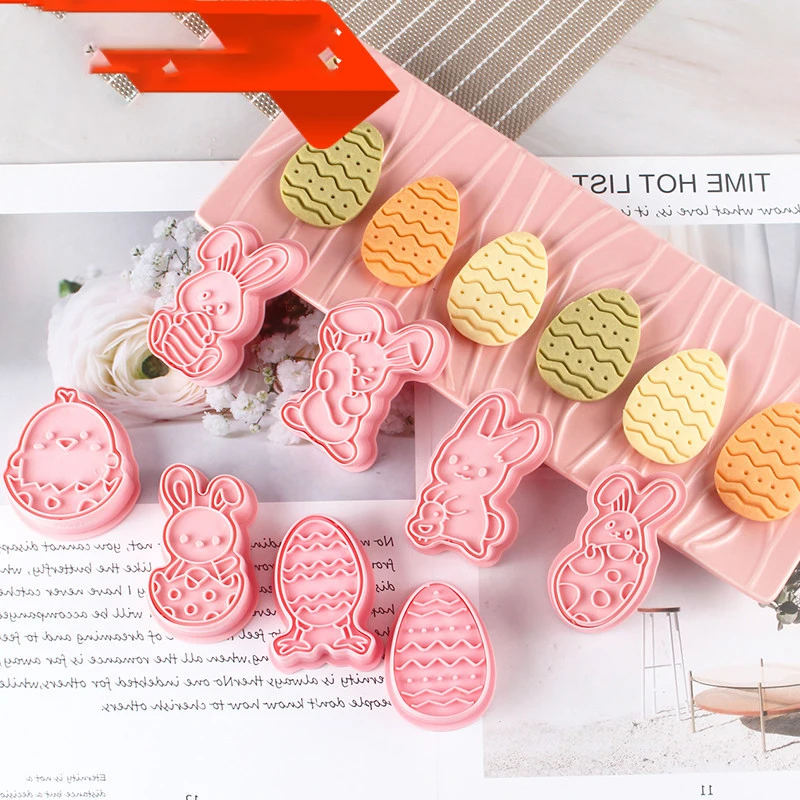 8Pcs/Set Easter Cookie Mold Egg Rabbit Biscuit Cutter Baking Tools Plunger Stamp Die Food Grade Plastic Fondant Cake Tools