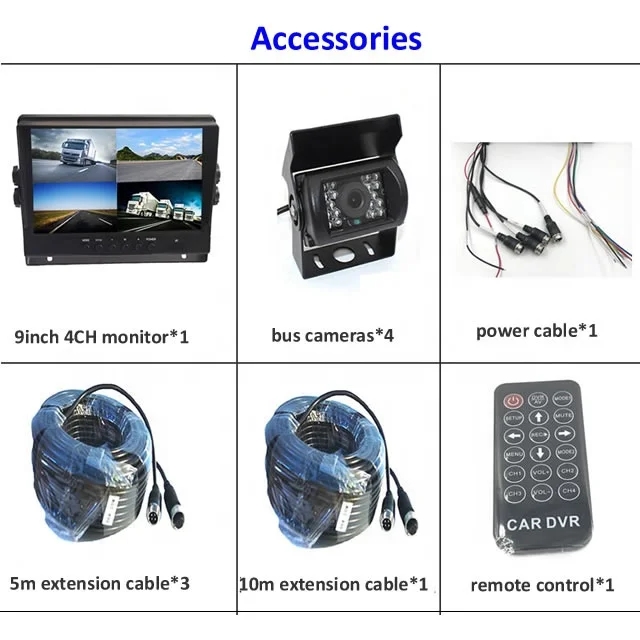 Gannyin 24V heavy duty 9 inch quad monitor 4 recorder night vision front rear right left side camera truck camera kit system