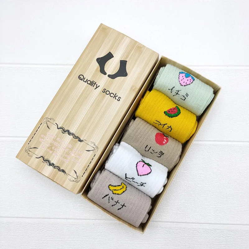 Wholesale Custom Gift Box Candy Color Crew Cotton Cute Cartoon Anime Fruit Letter Plaid Print Women Socks