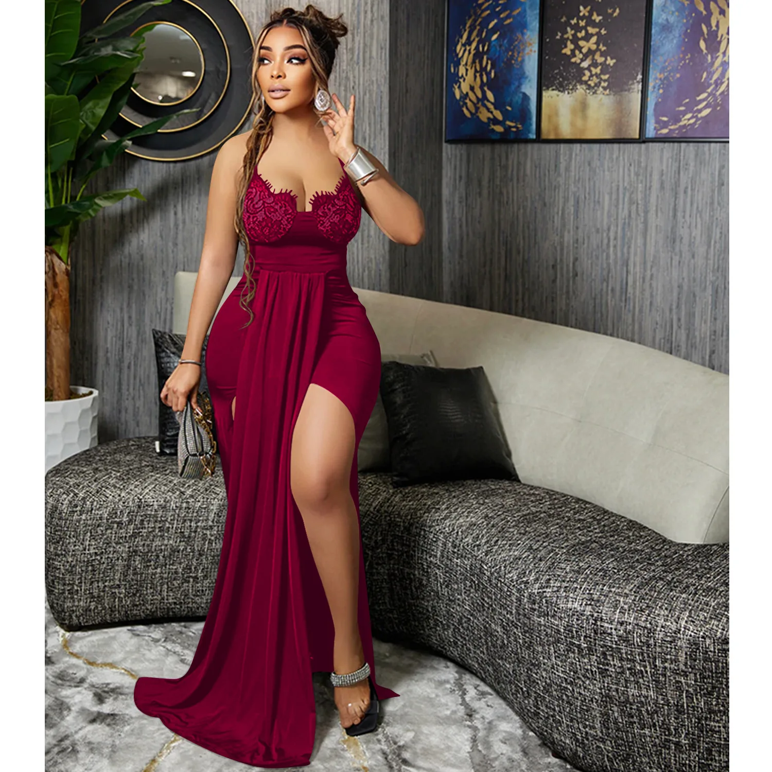 bridal gowns wedding dress Burgundy elegant sexy V-neck Elegant Sling strap backless irregular dress Birthday Outfit For Women