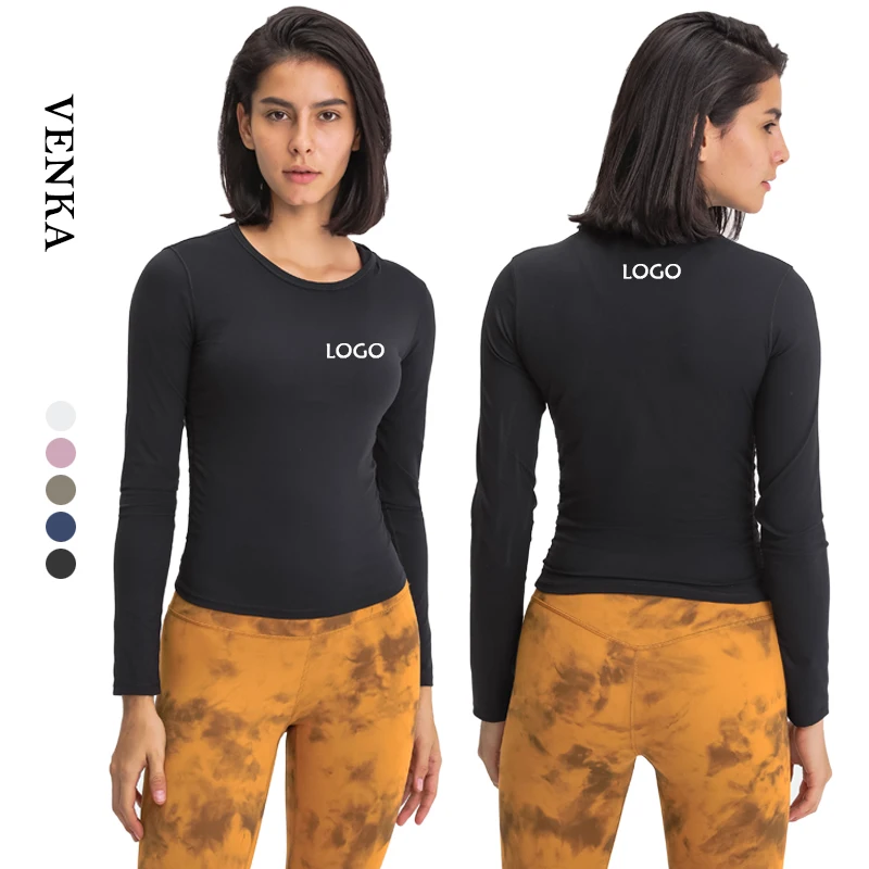 Wholesale Fashion Gym Apparels Plus Size Loose Fit O-Neck Women Yoga Clothing Long Sleeves Shirts