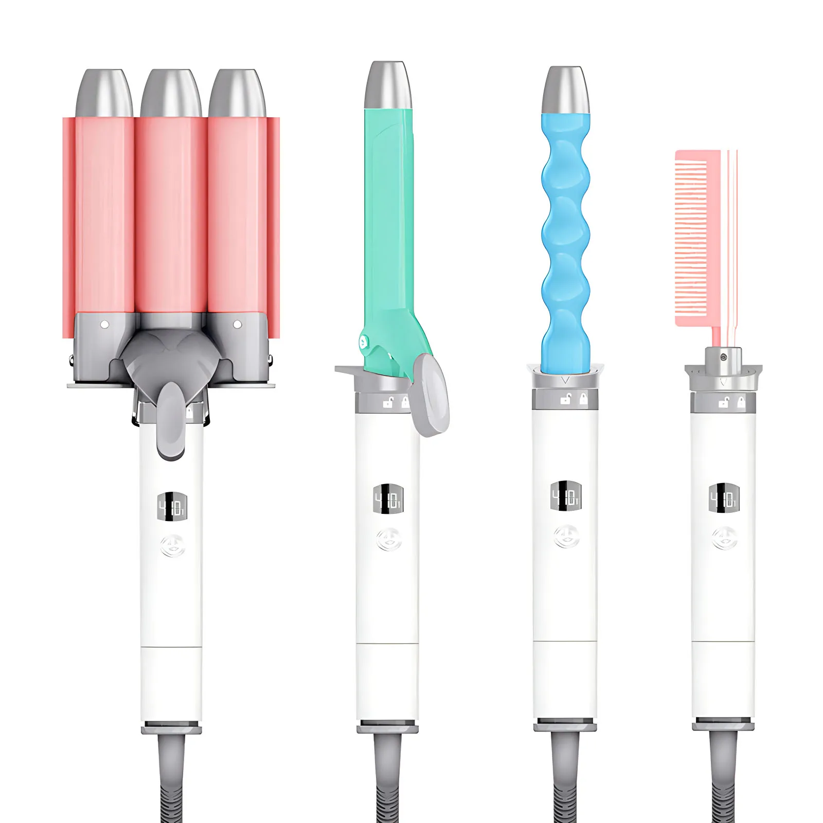 LCD Display Interchangeable Head 4 in 1 Triple Barrel Ceramic Curling Iron Hair Curler Wand Set with Clamp