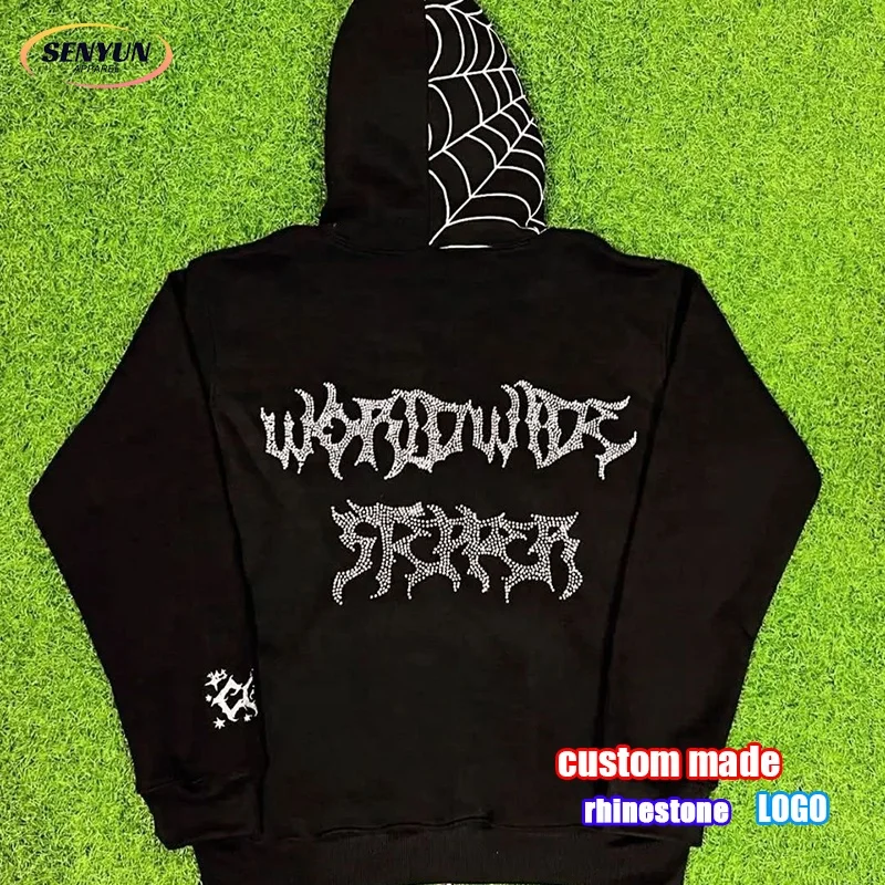 Factory Puff Printing Cotton Heavyweight Vintage Pullover Custom Logo Unisex Rhinestone Drop Shoulder Plain Boxy Spider Hoodie
