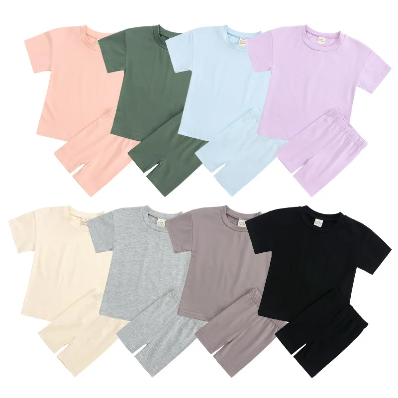 Wholesale Children Casual Two-piece Outfits Clothes Kids Solid Color Biker Shorts Set Summer Toddler Blank Shirts Cotton Set