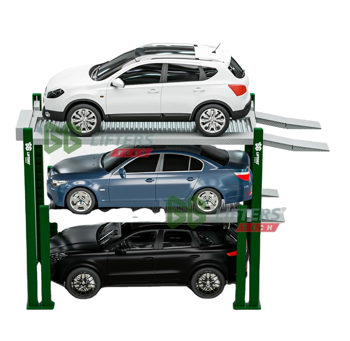 4 Post Vertical Parking System Triple Stacker Car Storage Lifts 3 Levels Car Stacking Parking Lift
