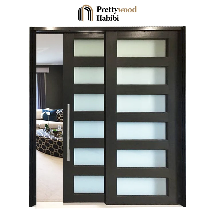Prettywood Modern Residential Living Room Glass Inserted Solid Wooden Double Sliding Interior Door For House