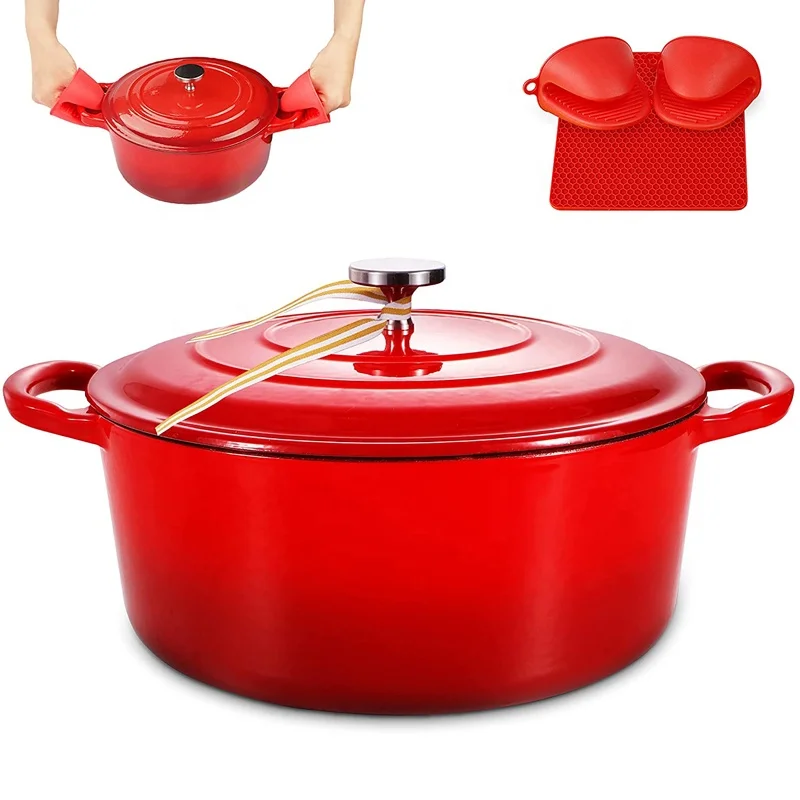 Enameled Cast Iron Dutch Oven with Loop Handles Covered Round Dutch Oven Enamel Stockpot with Lid Red 4.5 Quart Outdoor Cookware