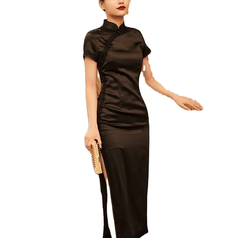 
 Самое популярное в стиле Tik Tok, Китай, новинка, Чонсам в молодежном стиле, черное платье в китайском стиле ретро для девушек, длинное платье   (62257267732)