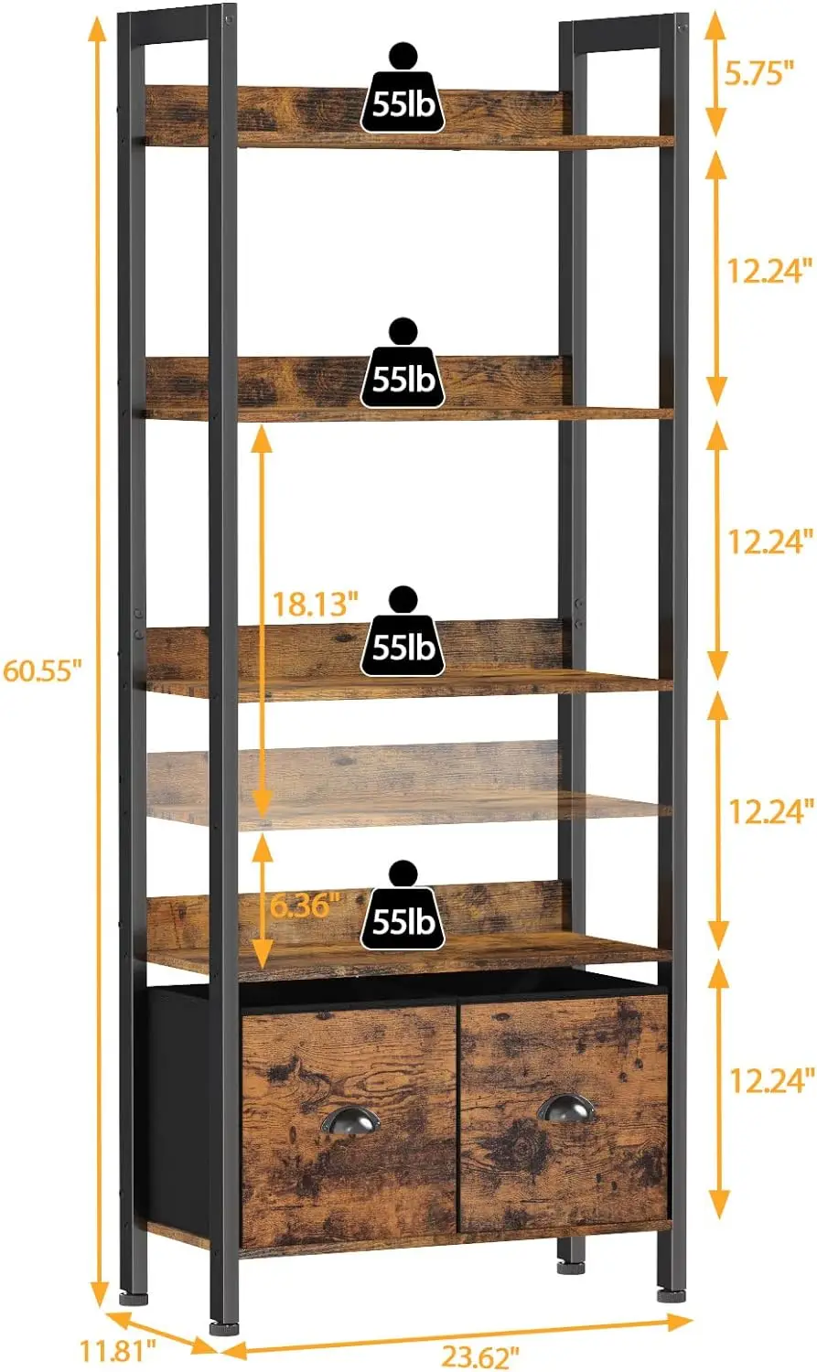 Bedroom Living Room Office Modern Rustic Brown Tall Shelves Storage Organizer Drawers Bookshelf Bookcase Wood Metal Book Shelf