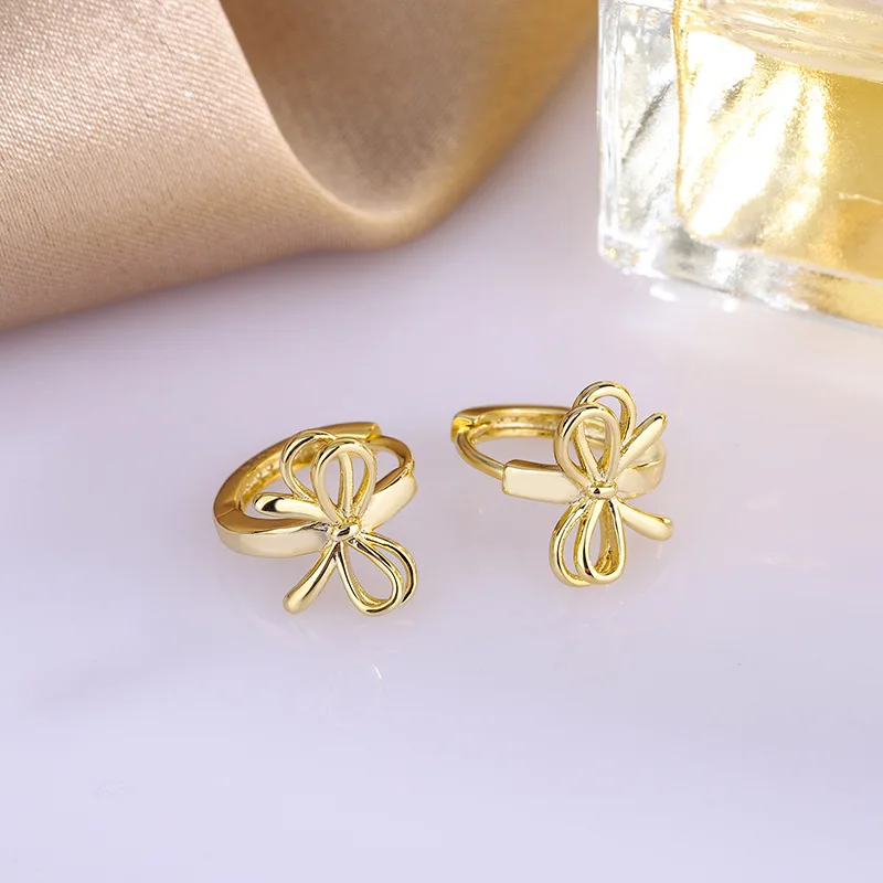 Korean Jewelry Wholesale - Copper Small Ribbon Bowknot Bow Huggie Hoops Earrings for Women Cute Gold Ribbon Bowknot Hoop Earring