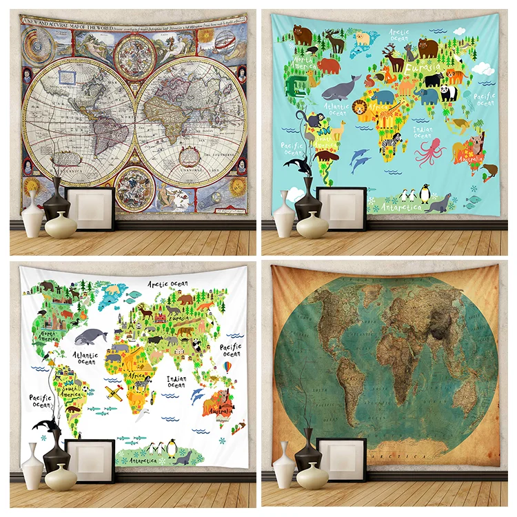 Cartoon Animal Landmarks Map Children Educational Geography Tapestries Kids World Map Tapestry