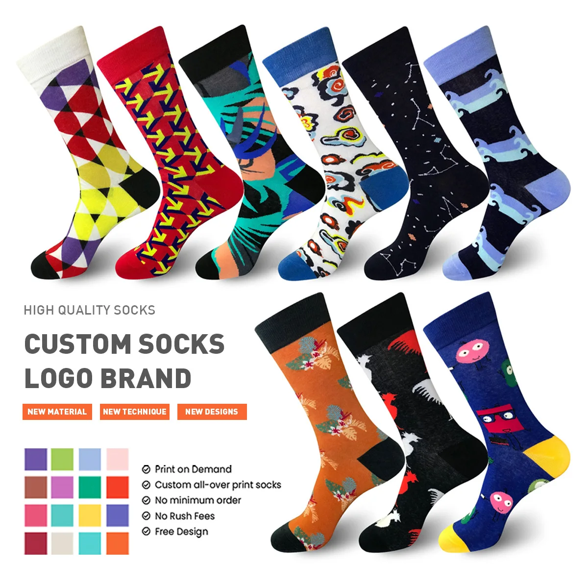 Uron Free Design High Quality Fashion Funny Socks Custom Logo Colorful Crazy Socks Men Women Happy Funny Socks Unisex