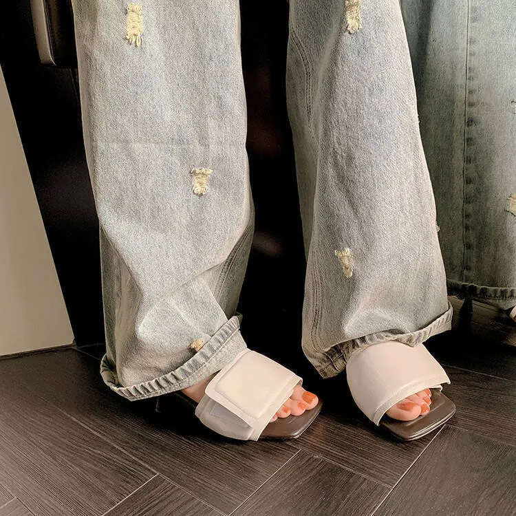 XINZI RAIN Summer Comfortable Ladies Sandals Square Toe Real Leather Soft Foam Padding Sole 6cm Mid Heel Women Slides Sandals