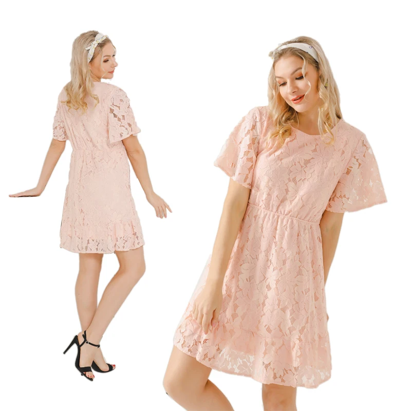 Two tiers short sleeve pink women elegant casual fancy lace luxury cut out dresses summer