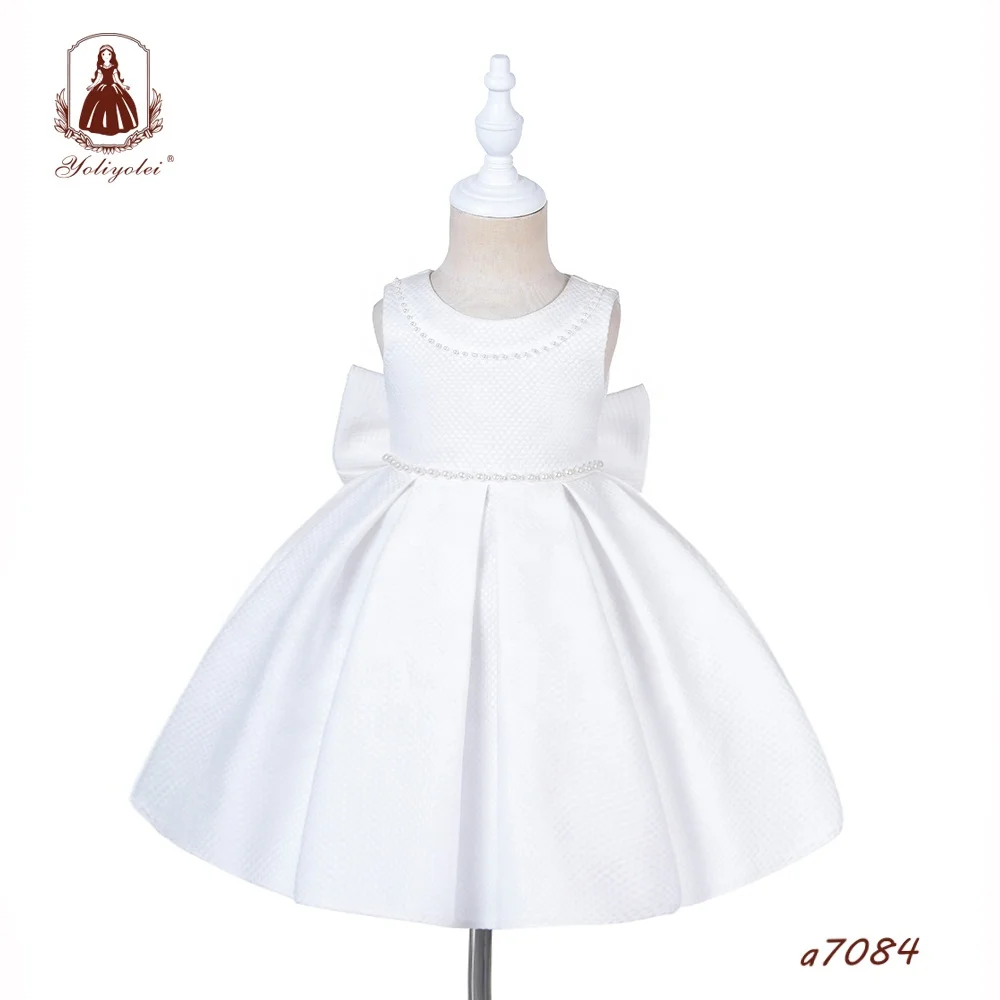 Wholesale Children Girl Summer Solid White Clothing Sweet Baby Kids Girls Ball Gown Wedding Party Dress With Bow
