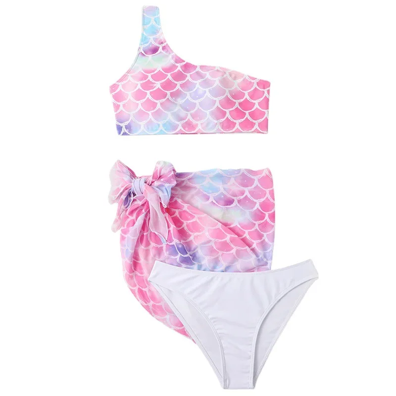 New One-shouldered, High-waisted, Fish-scale Print Swimsuit Swimsuit Mermaid Three-piece Bikini