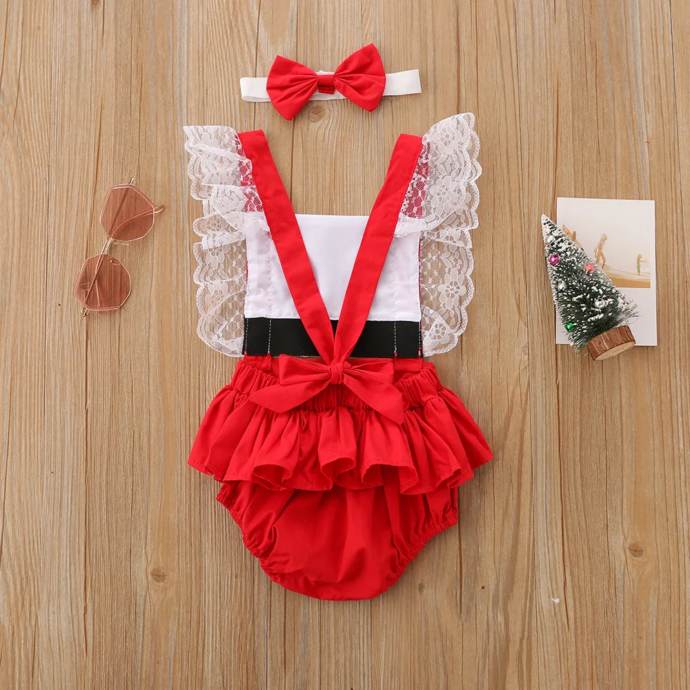 New arrival Christmas baby girl clothes jumpsuit new born bodysuit Baby Sleeveless Red Romper with Headband