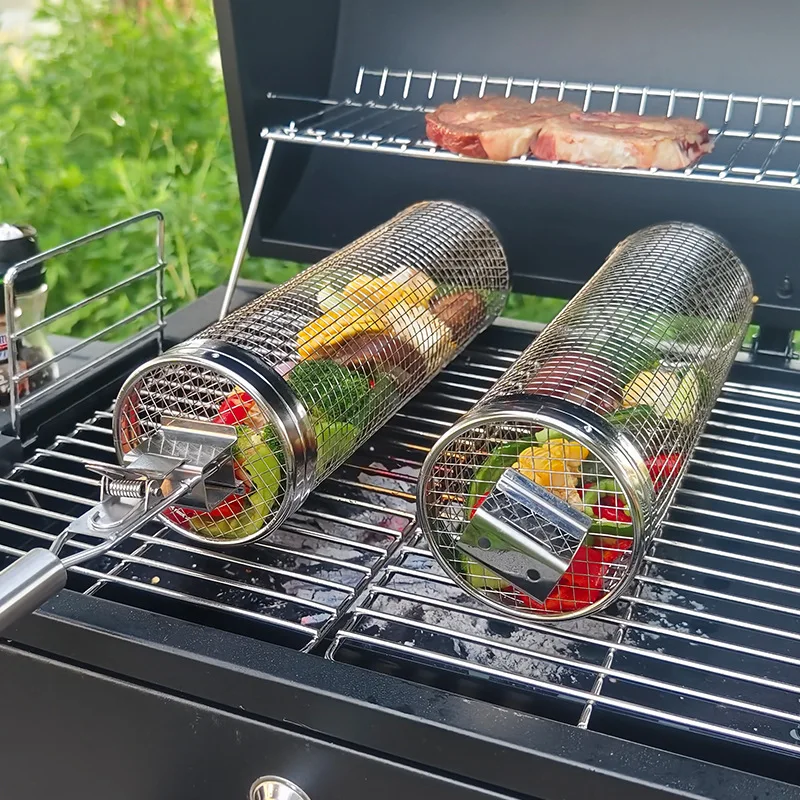 BBQ stainless steel cage rolling barrel round grill basket BBQ drum