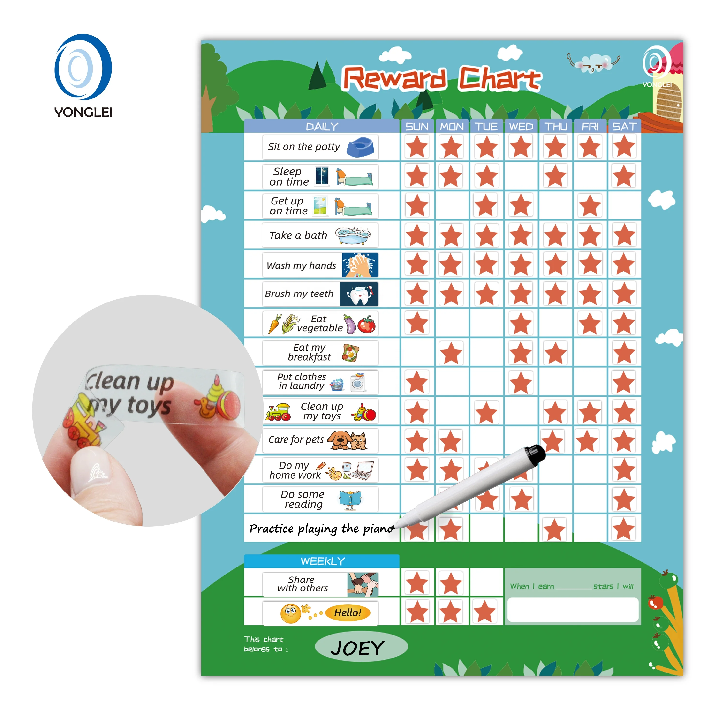 RC1.5-2A2 Nanotechnology dry erase magnetic chore board potty training reward chart with stickers