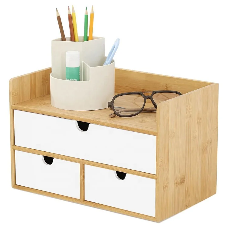 Office Supplies Natural and White  Bamboo Desktop Storage Organizer with Drawers