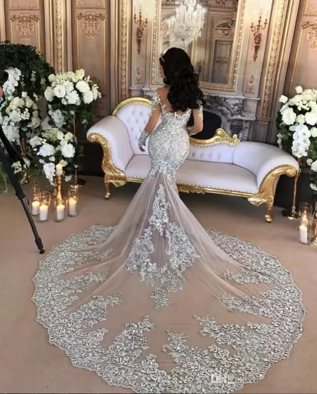 Wedding Apparel & Accessories Luxury Sheer Long Sleeve Mermaid Wedding Dresses 2022 Major Beading with Appliques High Neck Cour