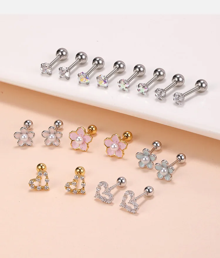 NUORO 1pair Colorful Flower Cartilage Earring Stud Mini Small Tragus Earring for Women Girls Ear Conch Rook Helix Piercing