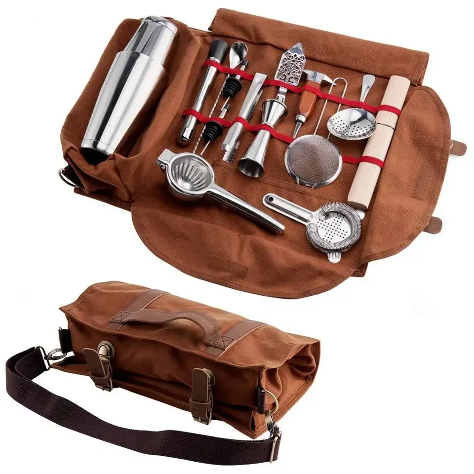 Bartender Bag Travel Bartender Kit Bag with Bar Tools Professional 17-Piece Bar Tool Set with Portable Canvas Bag Easy Carry